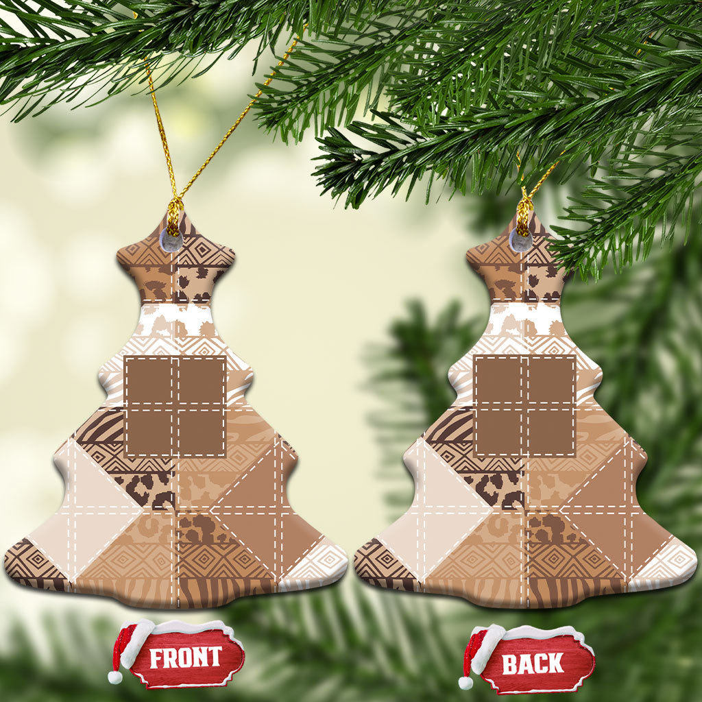 African American Quilt Inspired Ceramic Ornament Wild Animal Skin African Beige Tribal Elements