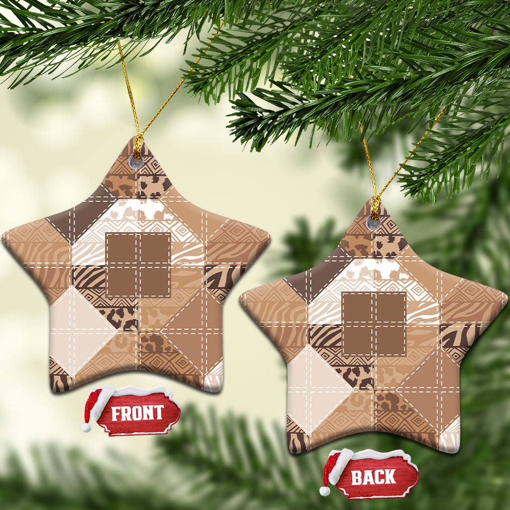 African American Quilt Inspired Ceramic Ornament Wild Animal Skin African Beige Tribal Elements