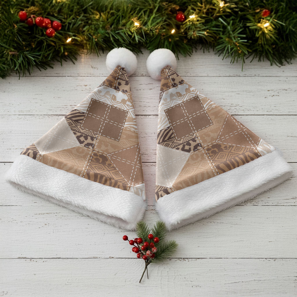 African American Quilt Inspired Christmas Santa Hat Wild Animal Skin African Beige Tribal Elements