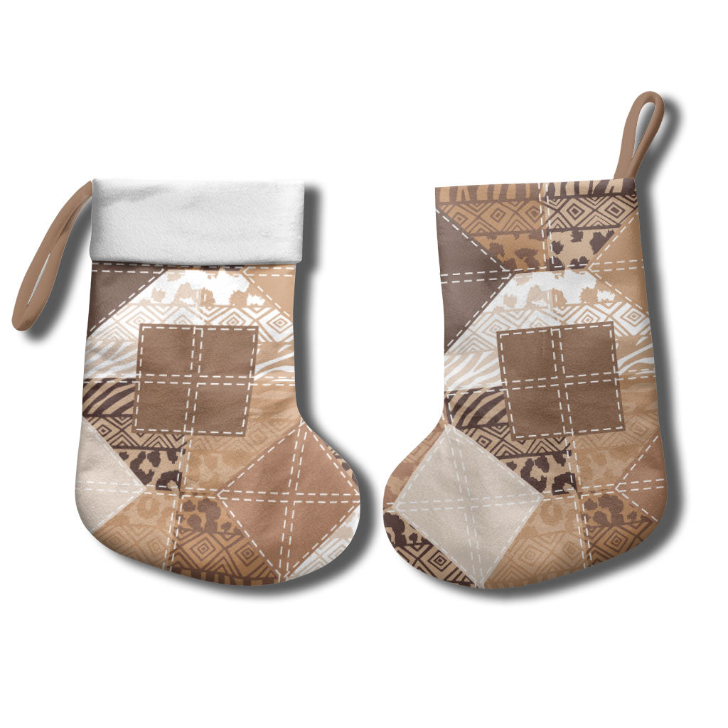 African American Quilt Inspired Christmas Stocking Wild Animal Skin African Beige Tribal Elements