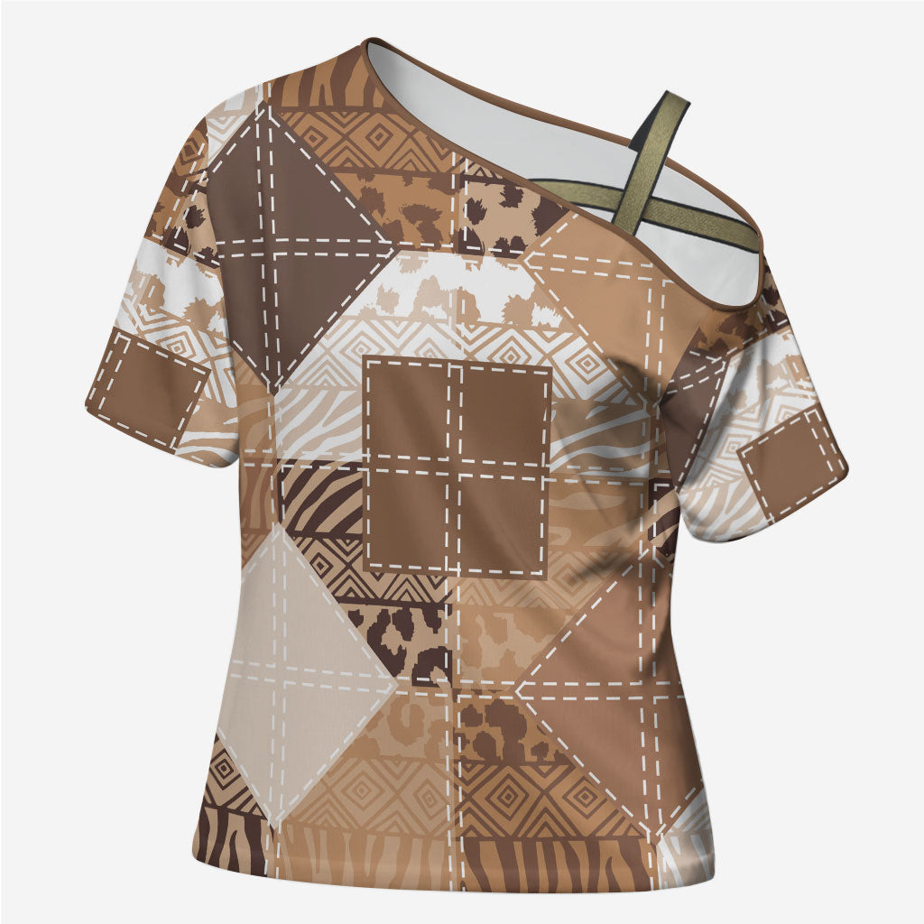 African American Quilt Inspired Cross Shoulder Shirt Wild Animal Skin African Beige Tribal Elements
