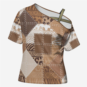 African American Quilt Inspired Cross Shoulder Shirt Wild Animal Skin African Beige Tribal Elements