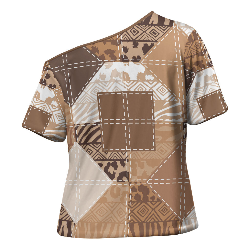 African American Quilt Inspired Cross Shoulder Shirt Wild Animal Skin African Beige Tribal Elements