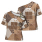 African American Quilt Inspired Cross Shoulder Shirt Wild Animal Skin African Beige Tribal Elements