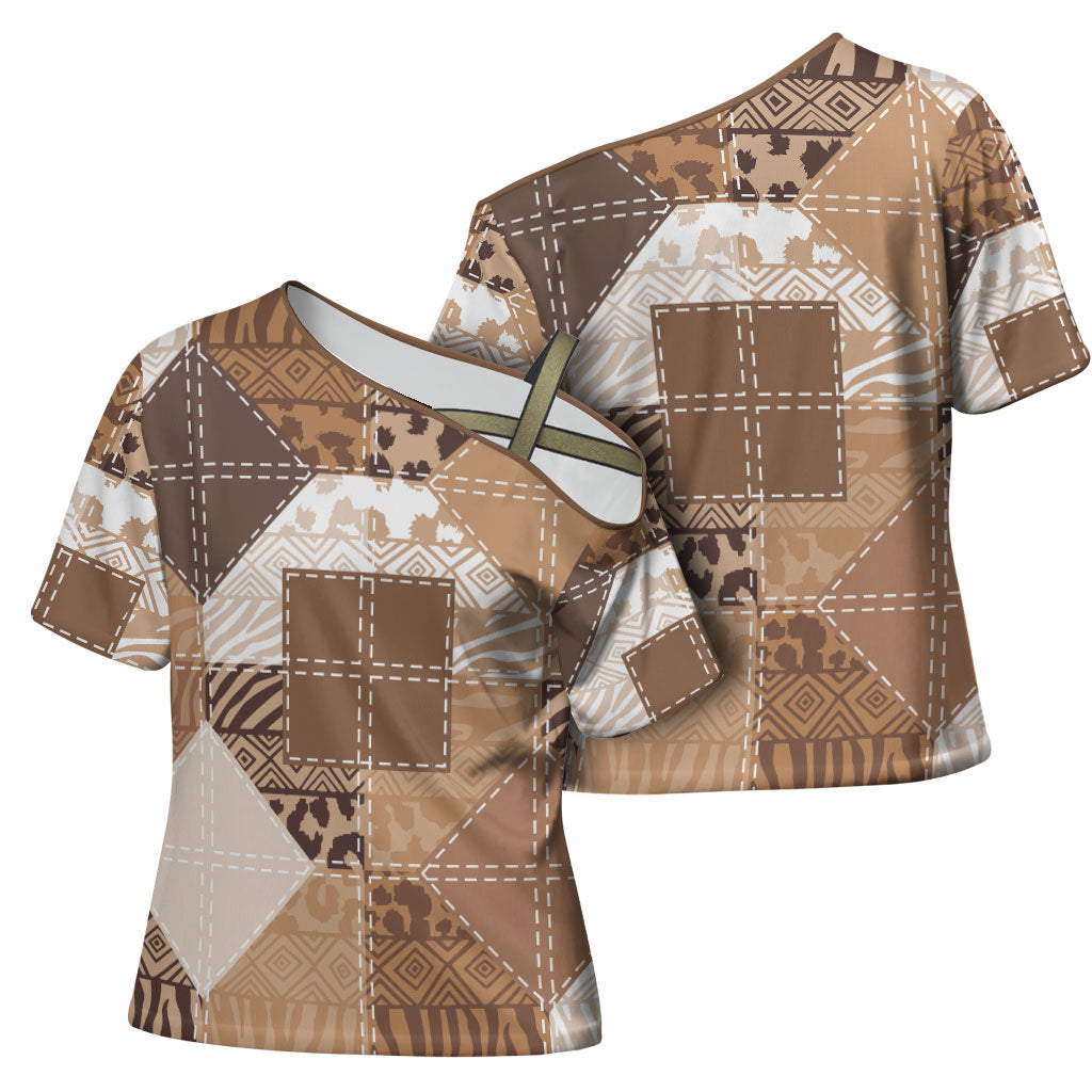 African American Quilt Inspired Cross Shoulder Shirt Wild Animal Skin African Beige Tribal Elements