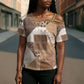 African American Quilt Inspired Cross Shoulder Shirt Wild Animal Skin African Beige Tribal Elements