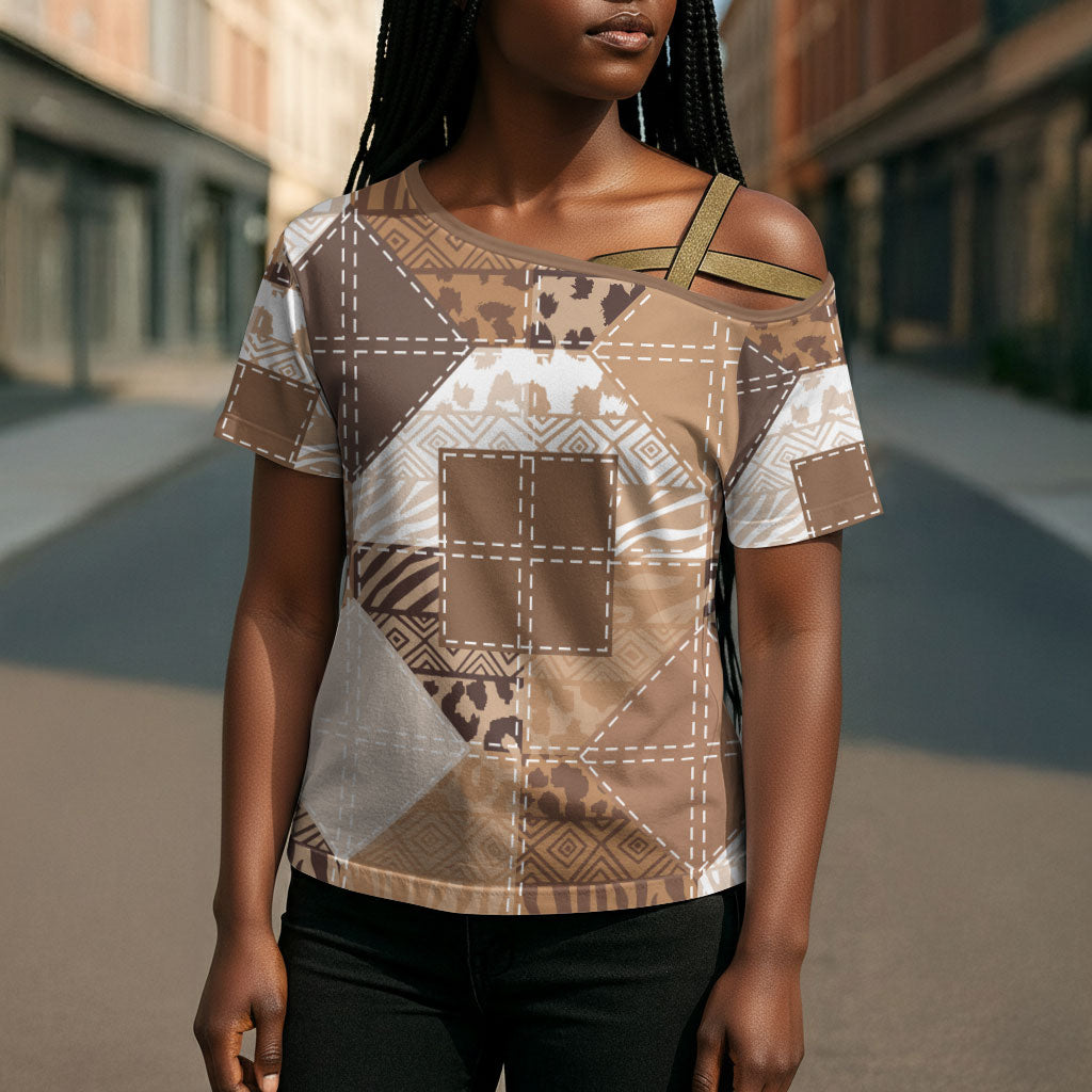 African American Quilt Inspired Cross Shoulder Shirt Wild Animal Skin African Beige Tribal Elements