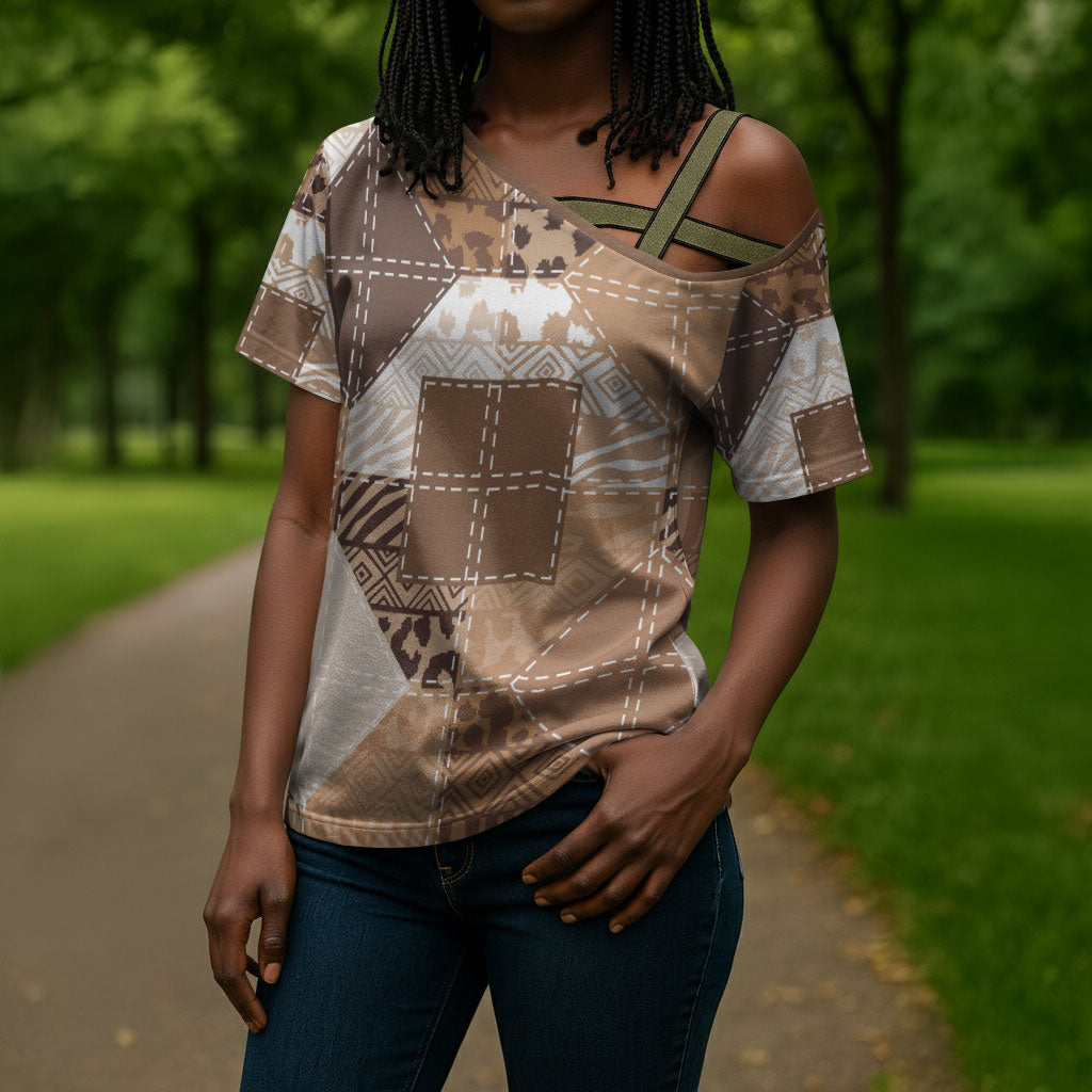 African American Quilt Inspired Cross Shoulder Shirt Wild Animal Skin African Beige Tribal Elements