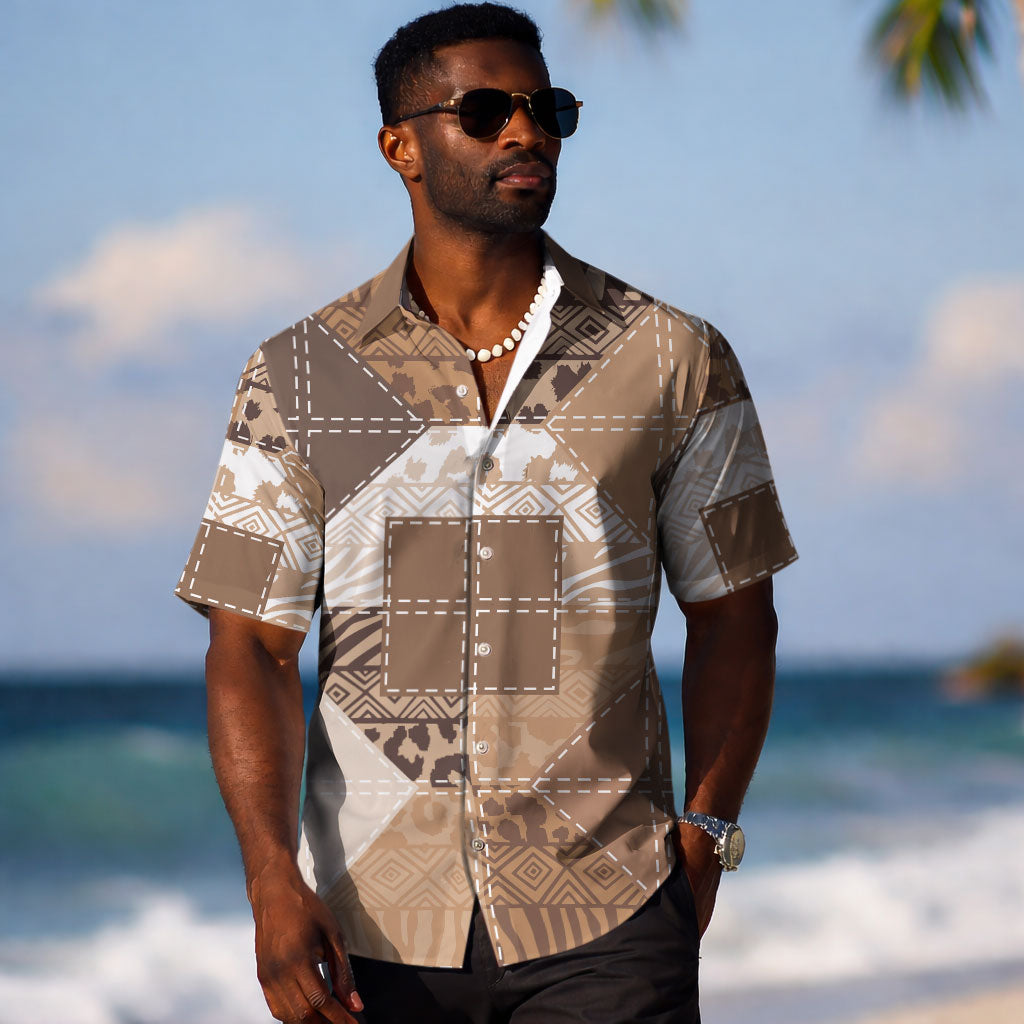 African American Quilt Inspired Hawaiian Shirt Wild Animal Skin African Beige Tribal Elements