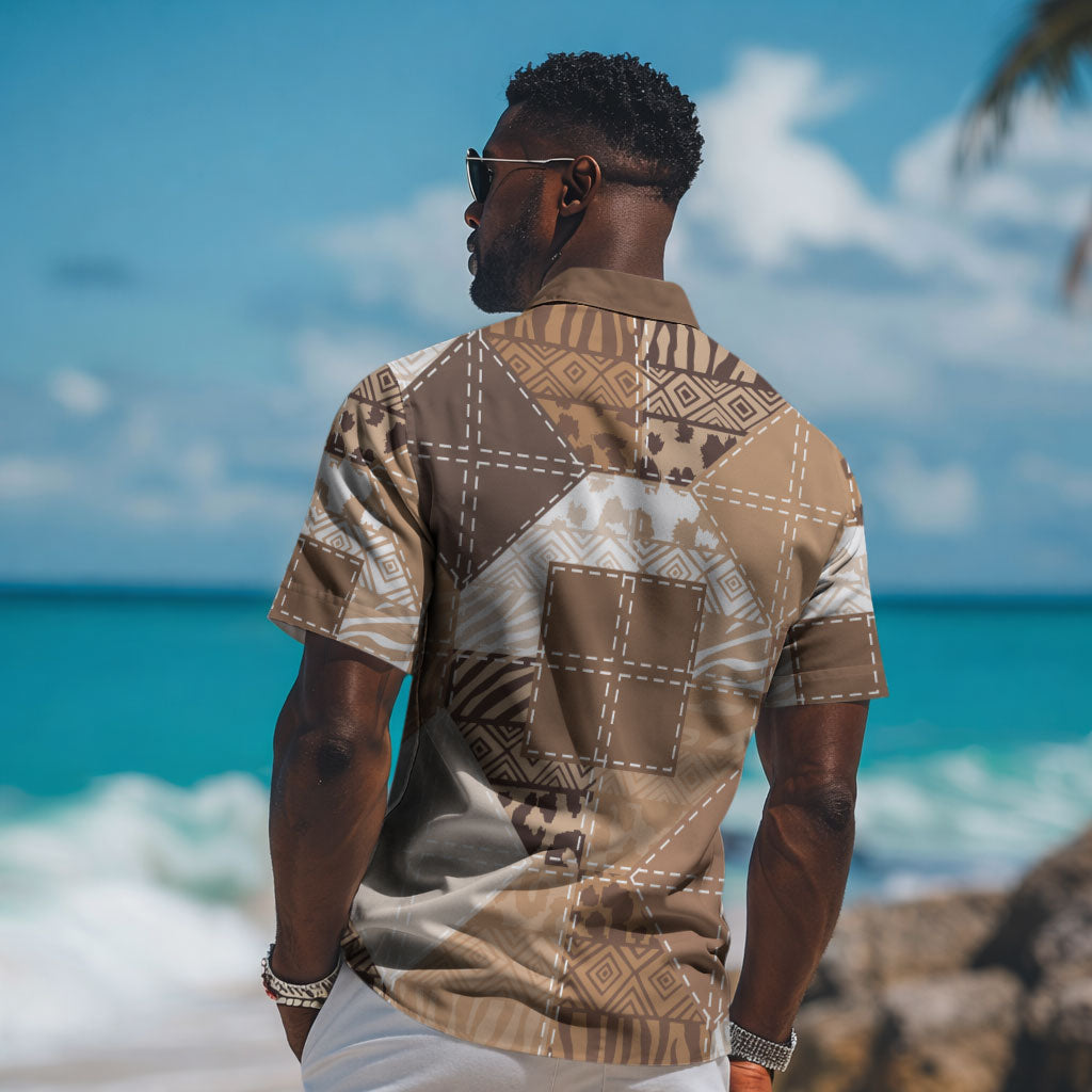 African American Quilt Inspired Hawaiian Shirt Wild Animal Skin African Beige Tribal Elements