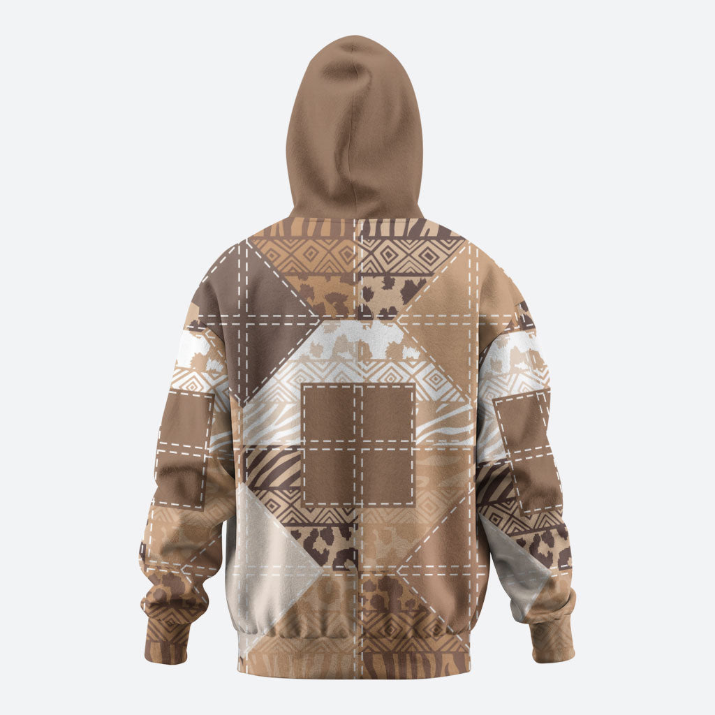 African American Quilt Inspired Hoodie Wild Animal Skin African Beige Tribal Elements