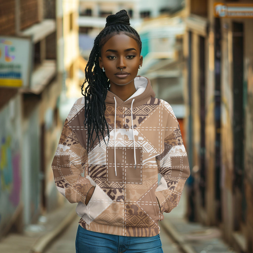 African American Quilt Inspired Hoodie Wild Animal Skin African Beige Tribal Elements