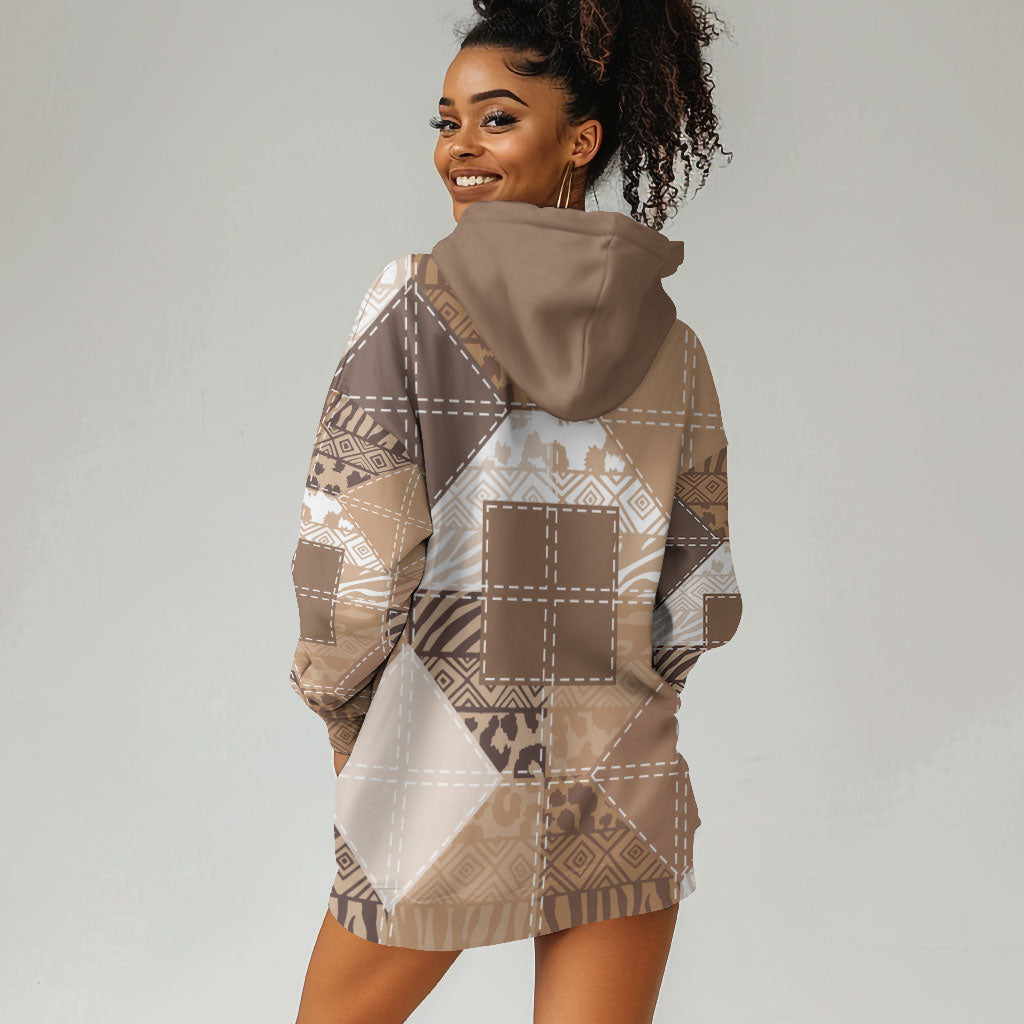 African American Quilt Inspired Hoodie Dress Wild Animal Skin African Beige Tribal Elements