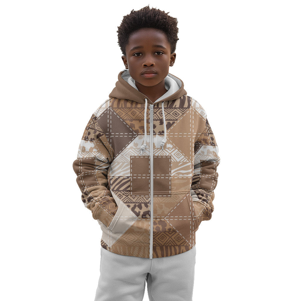 African American Quilt Inspired Kid Hoodie Wild Animal Skin African Beige Tribal Elements