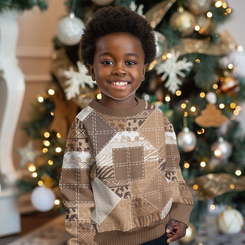 African American Quilt Inspired Kid Ugly Christmas Sweater Wild Animal Skin African Beige Tribal Elements