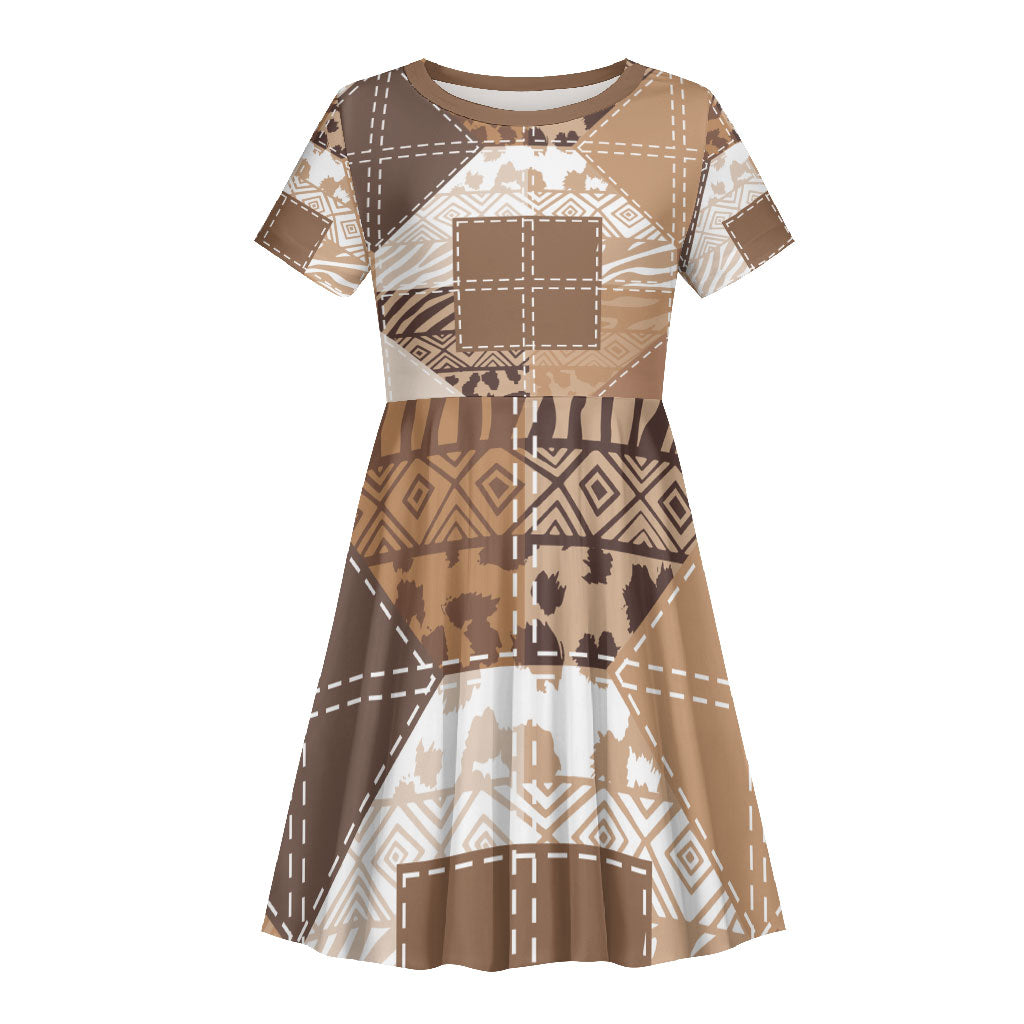 African American Quilt Inspired Kid Short Sleeve Dress Wild Animal Skin African Beige Tribal Elements