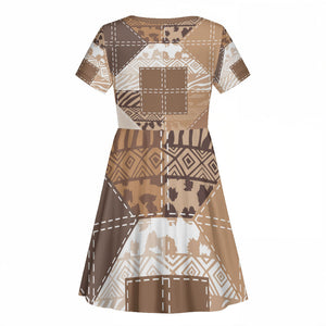 African American Quilt Inspired Kid Short Sleeve Dress Wild Animal Skin African Beige Tribal Elements