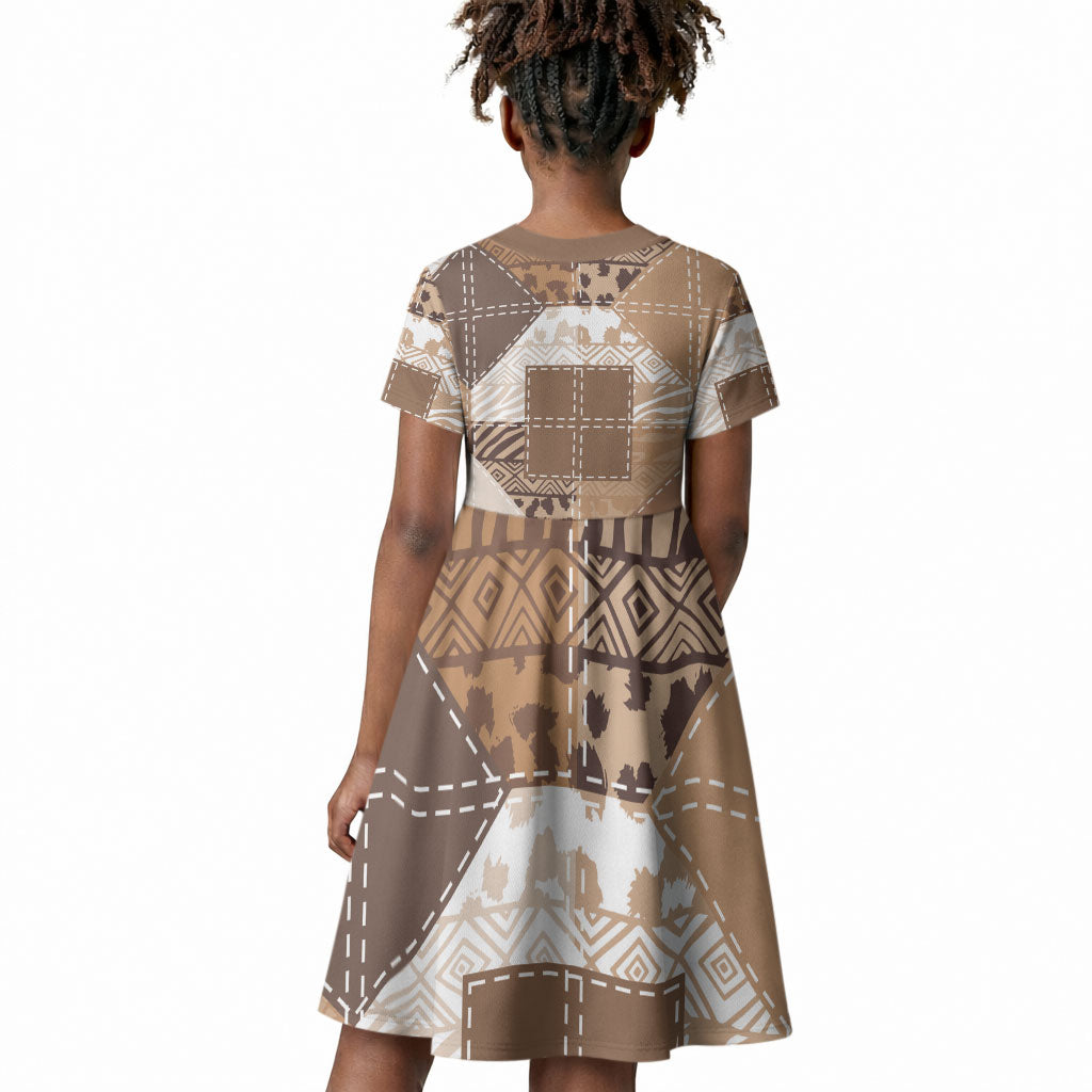 African American Quilt Inspired Kid Short Sleeve Dress Wild Animal Skin African Beige Tribal Elements