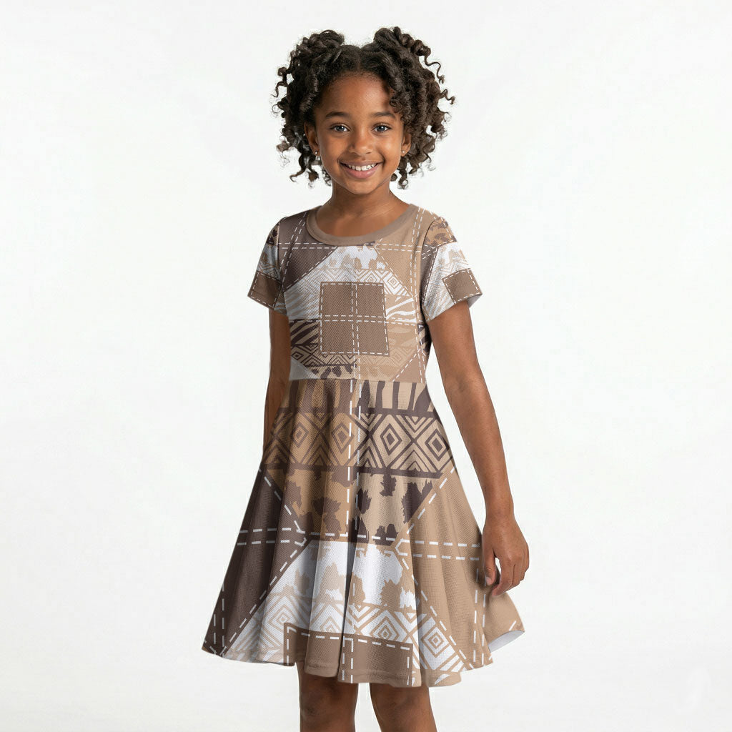 African American Quilt Inspired Kid Short Sleeve Dress Wild Animal Skin African Beige Tribal Elements
