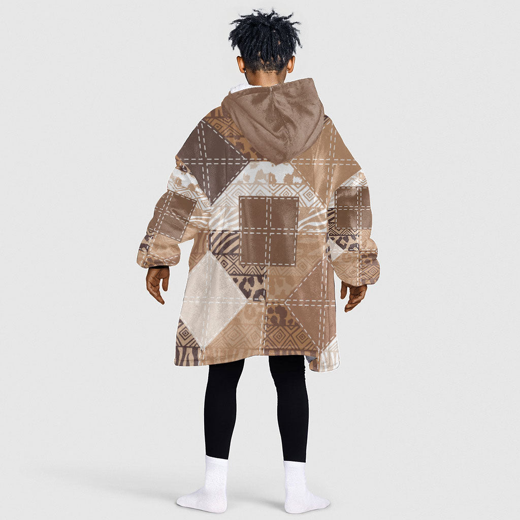 African American Quilt Inspired Kid Wearable Blanket Hoodie Wild Animal Skin African Beige Tribal Elements