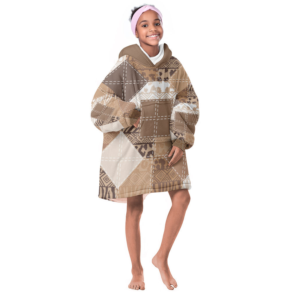 African American Quilt Inspired Kid Wearable Blanket Hoodie Wild Animal Skin African Beige Tribal Elements