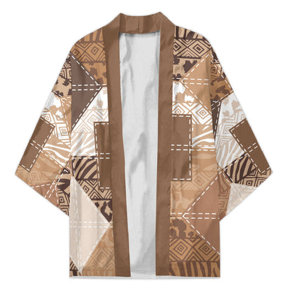 African American Quilt Inspired Kimono Wild Animal Skin African Beige Tribal Elements