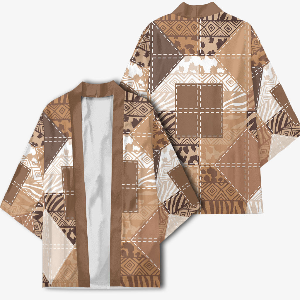 African American Quilt Inspired Kimono Wild Animal Skin African Beige Tribal Elements