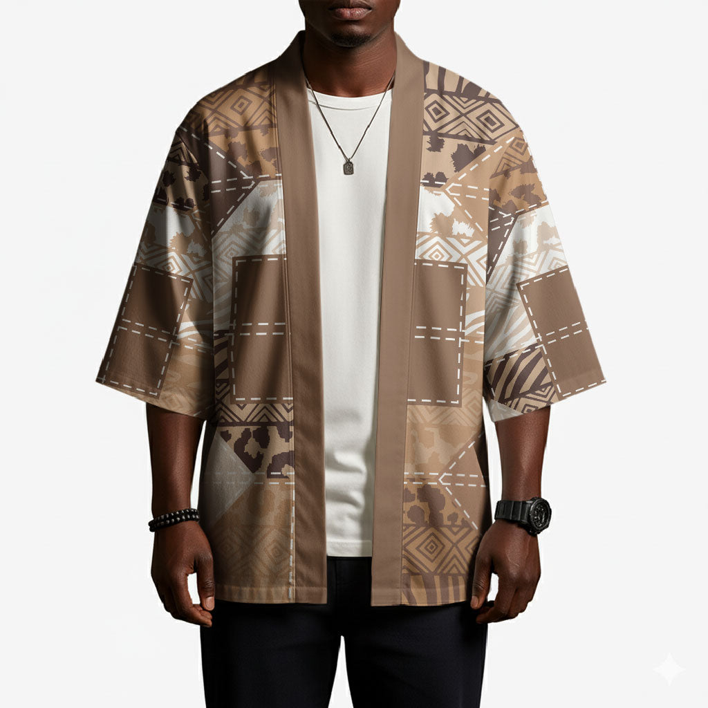 African American Quilt Inspired Kimono Wild Animal Skin African Beige Tribal Elements