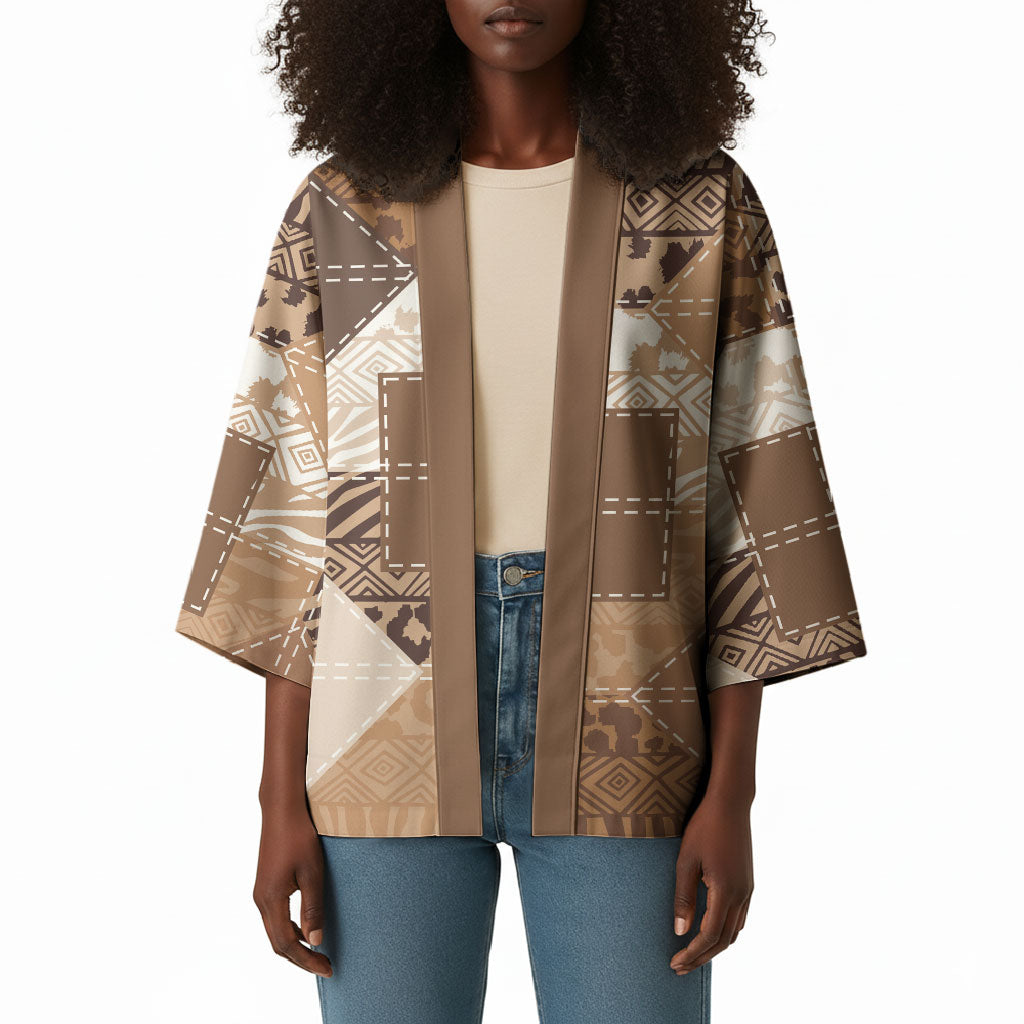 African American Quilt Inspired Kimono Wild Animal Skin African Beige Tribal Elements