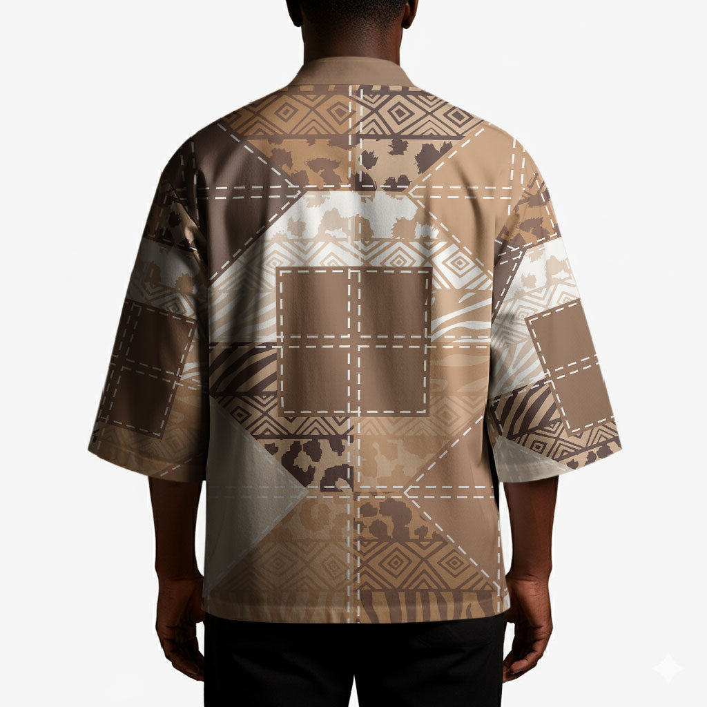 African American Quilt Inspired Kimono Wild Animal Skin African Beige Tribal Elements