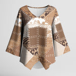 African American Quilt Inspired Kimono Sleeve Blouse Wild Animal Skin African Beige Tribal Elements
