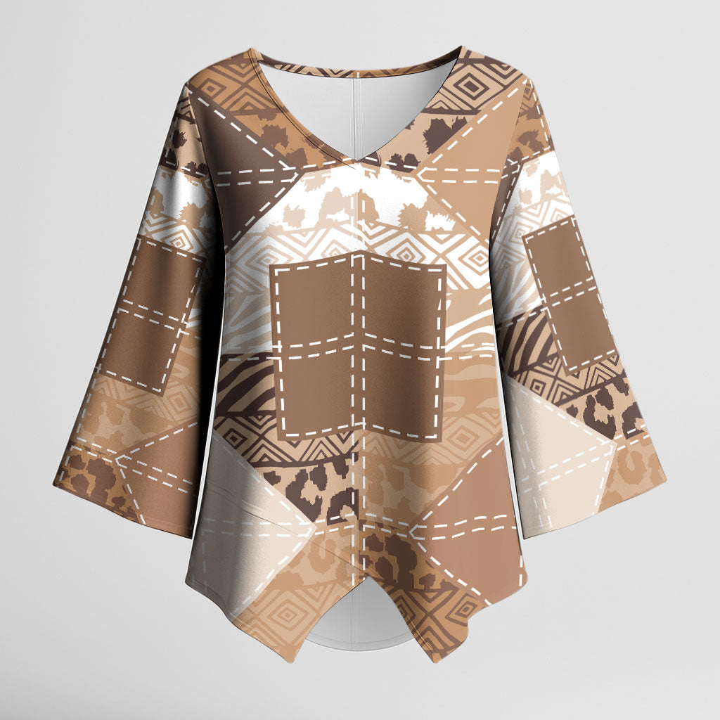 African American Quilt Inspired Kimono Sleeve Blouse Wild Animal Skin African Beige Tribal Elements