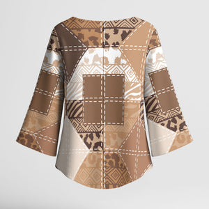 African American Quilt Inspired Kimono Sleeve Blouse Wild Animal Skin African Beige Tribal Elements