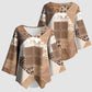 African American Quilt Inspired Kimono Sleeve Blouse Wild Animal Skin African Beige Tribal Elements