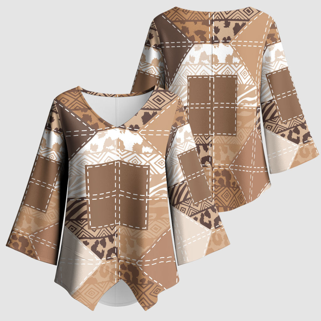 African American Quilt Inspired Kimono Sleeve Blouse Wild Animal Skin African Beige Tribal Elements