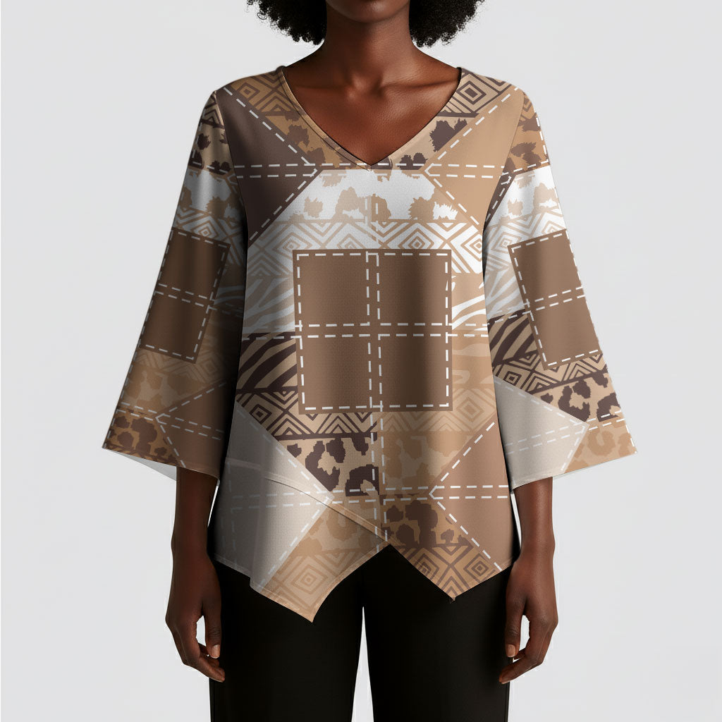 African American Quilt Inspired Kimono Sleeve Blouse Wild Animal Skin African Beige Tribal Elements