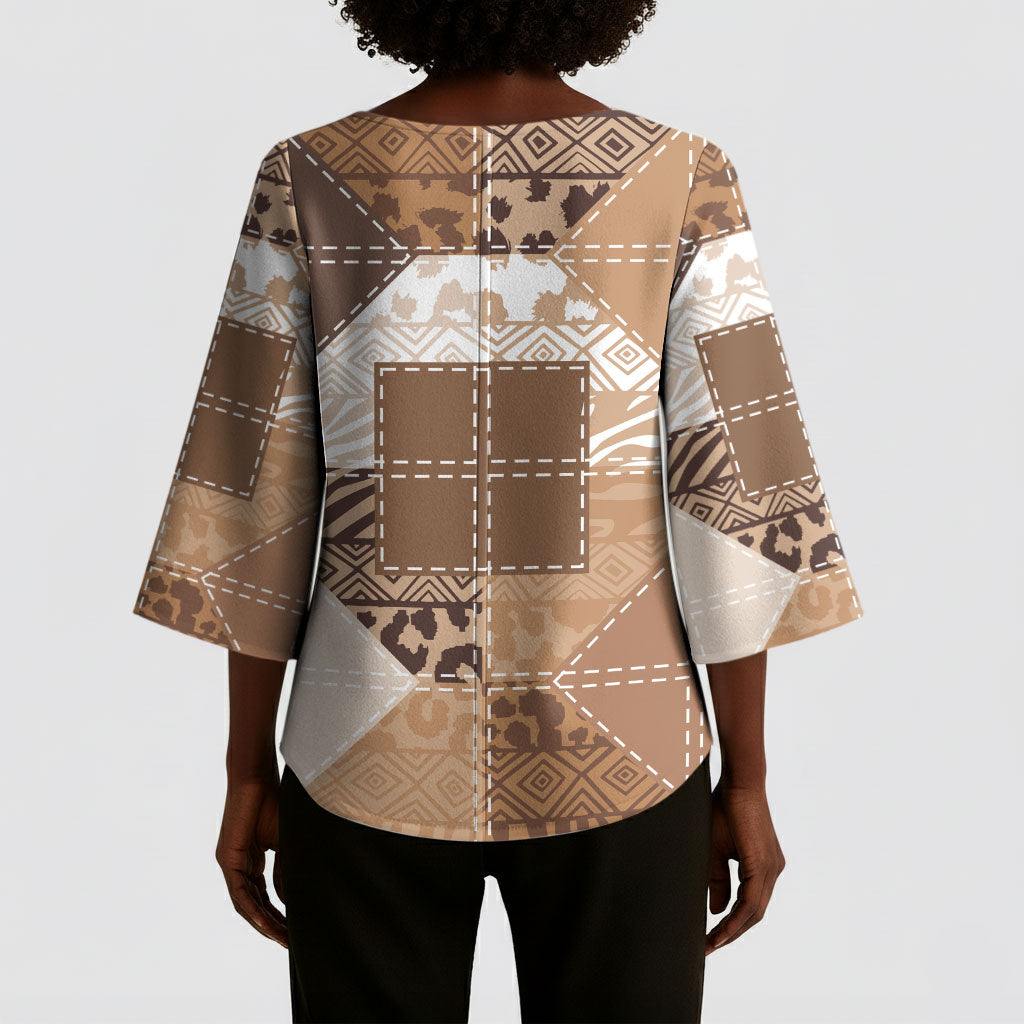 African American Quilt Inspired Kimono Sleeve Blouse Wild Animal Skin African Beige Tribal Elements