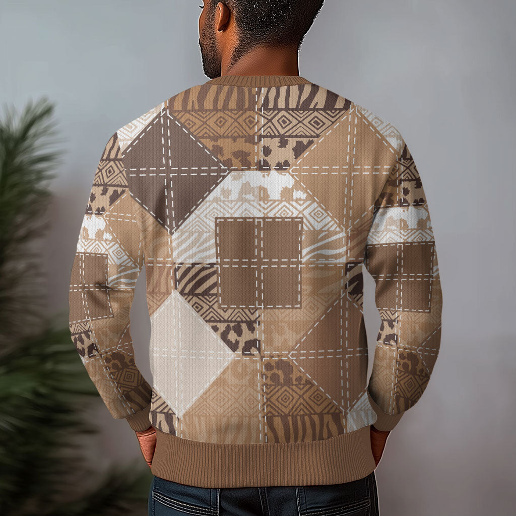 African American Quilt Inspired Ugly Christmas Sweater Wild Animal Skin African Beige Tribal Elements