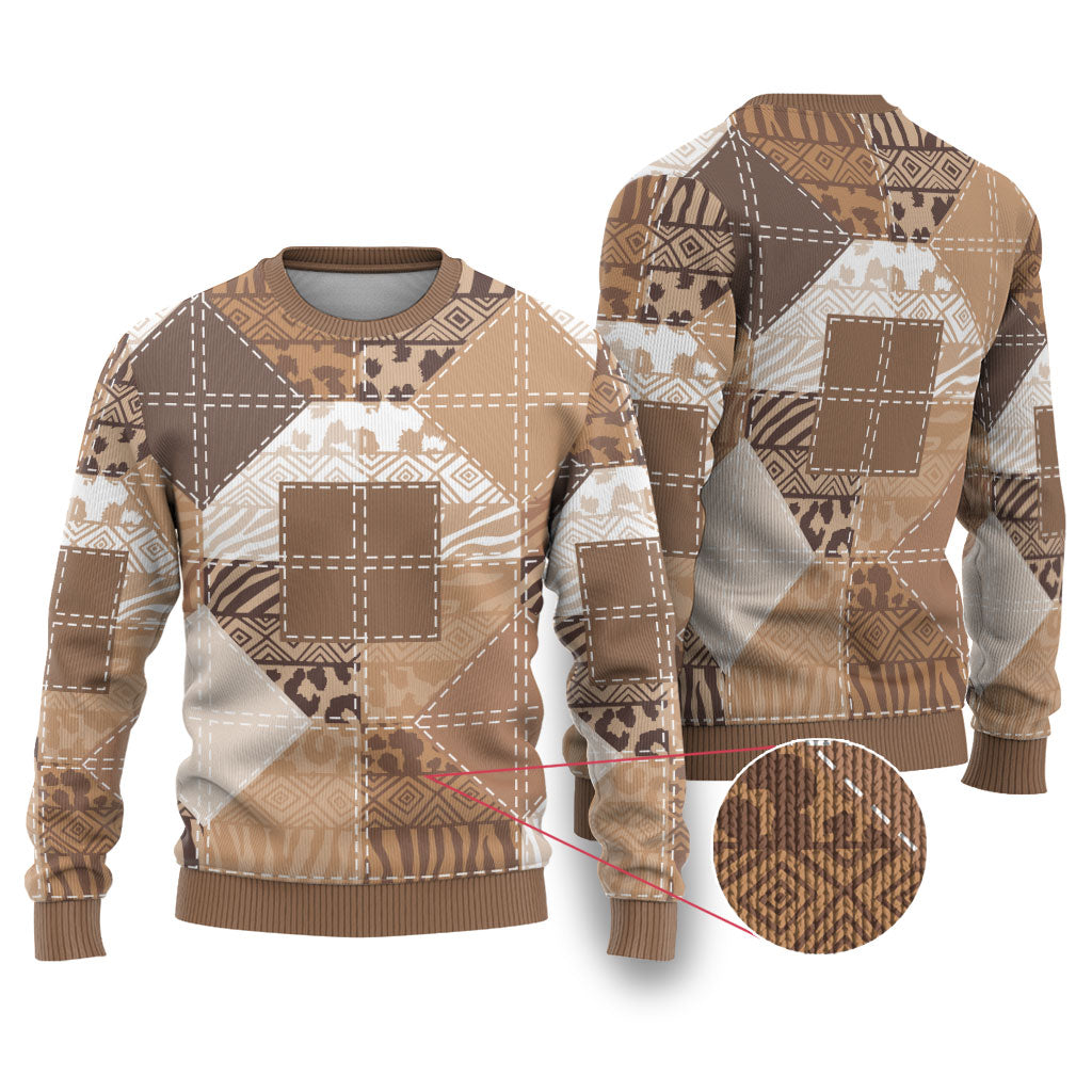 African American Quilt Inspired Ugly Christmas Sweater Wild Animal Skin African Beige Tribal Elements