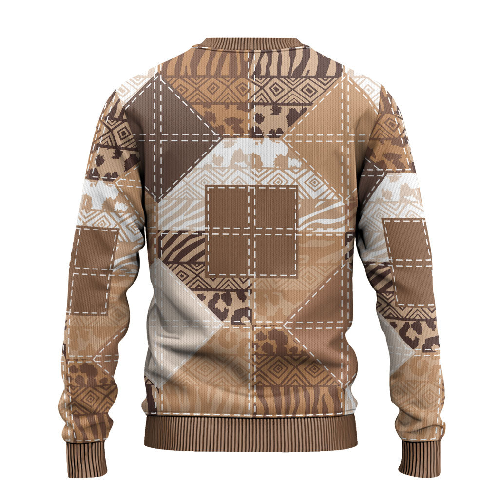 African American Quilt Inspired Ugly Christmas Sweater Wild Animal Skin African Beige Tribal Elements