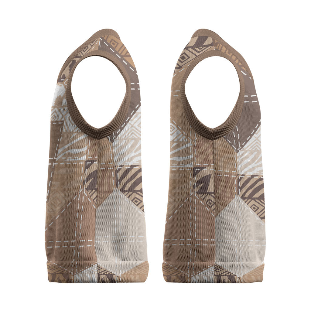 African American Quilt Inspired Christmas Knitted V-Neck Vest Wild Animal Skin African Beige Tribal Elements