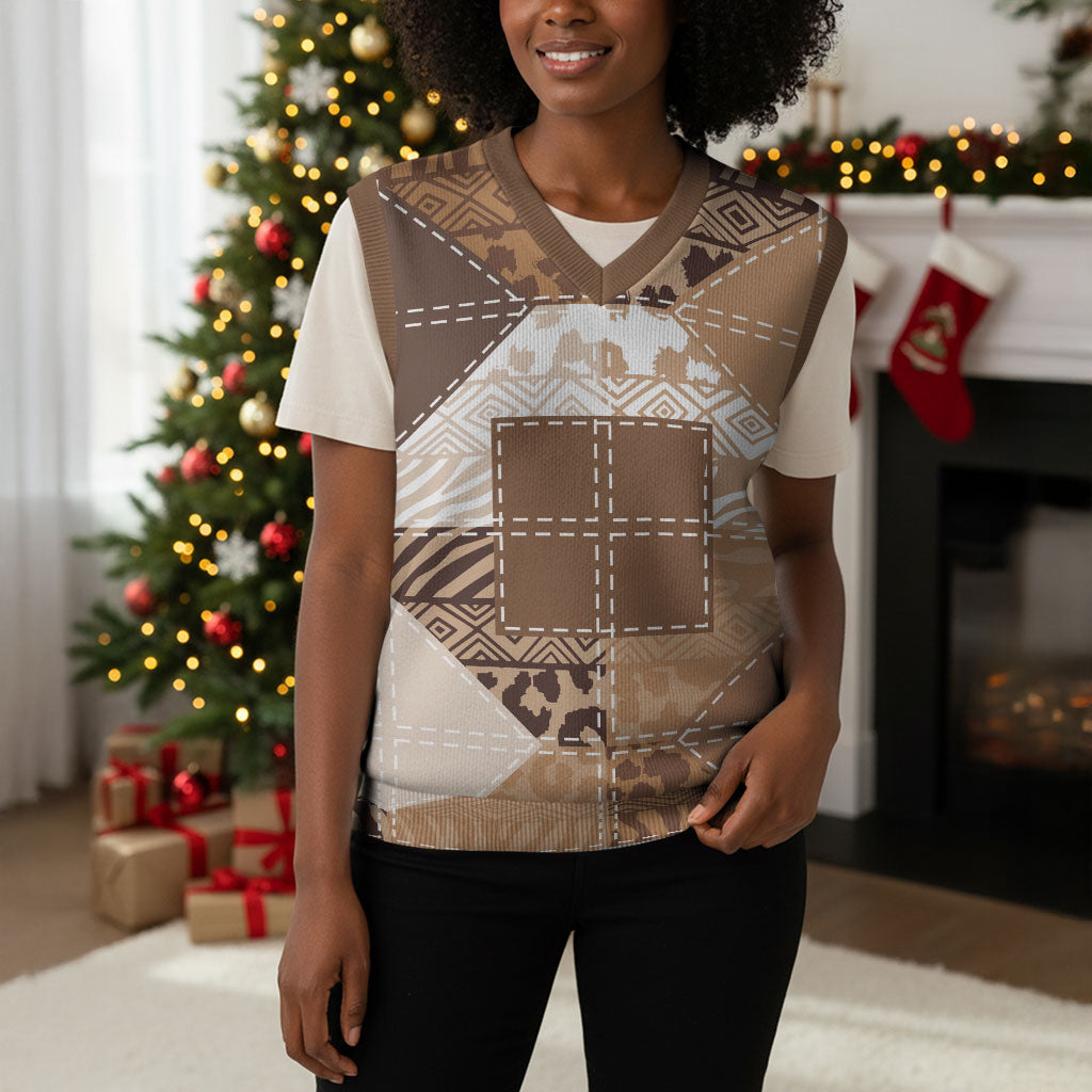 African American Quilt Inspired Christmas Knitted V-Neck Vest Wild Animal Skin African Beige Tribal Elements
