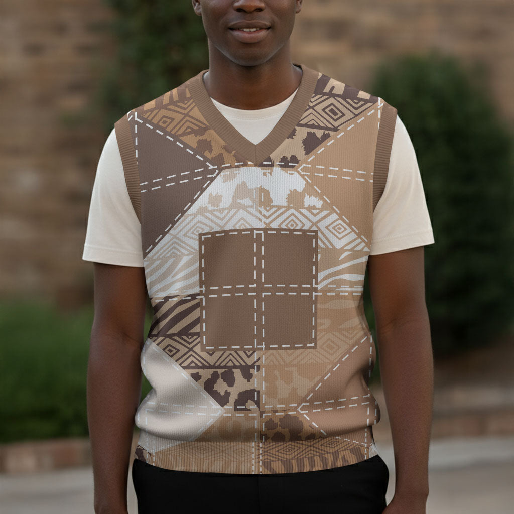 African American Quilt Inspired Christmas Knitted V-Neck Vest Wild Animal Skin African Beige Tribal Elements