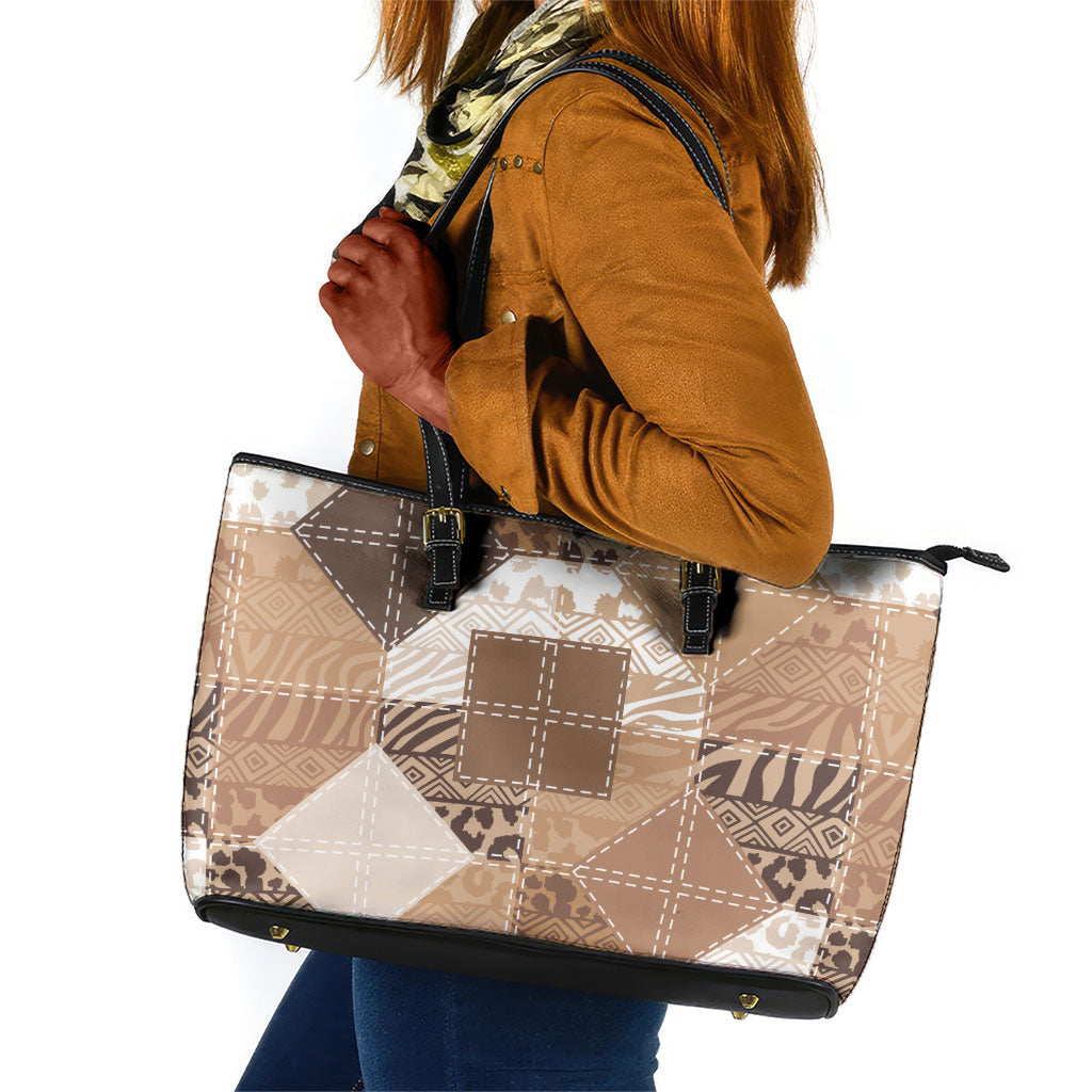 African American Quilt Inspired Leather Tote Bag Wild Animal Skin African Beige Tribal Elements