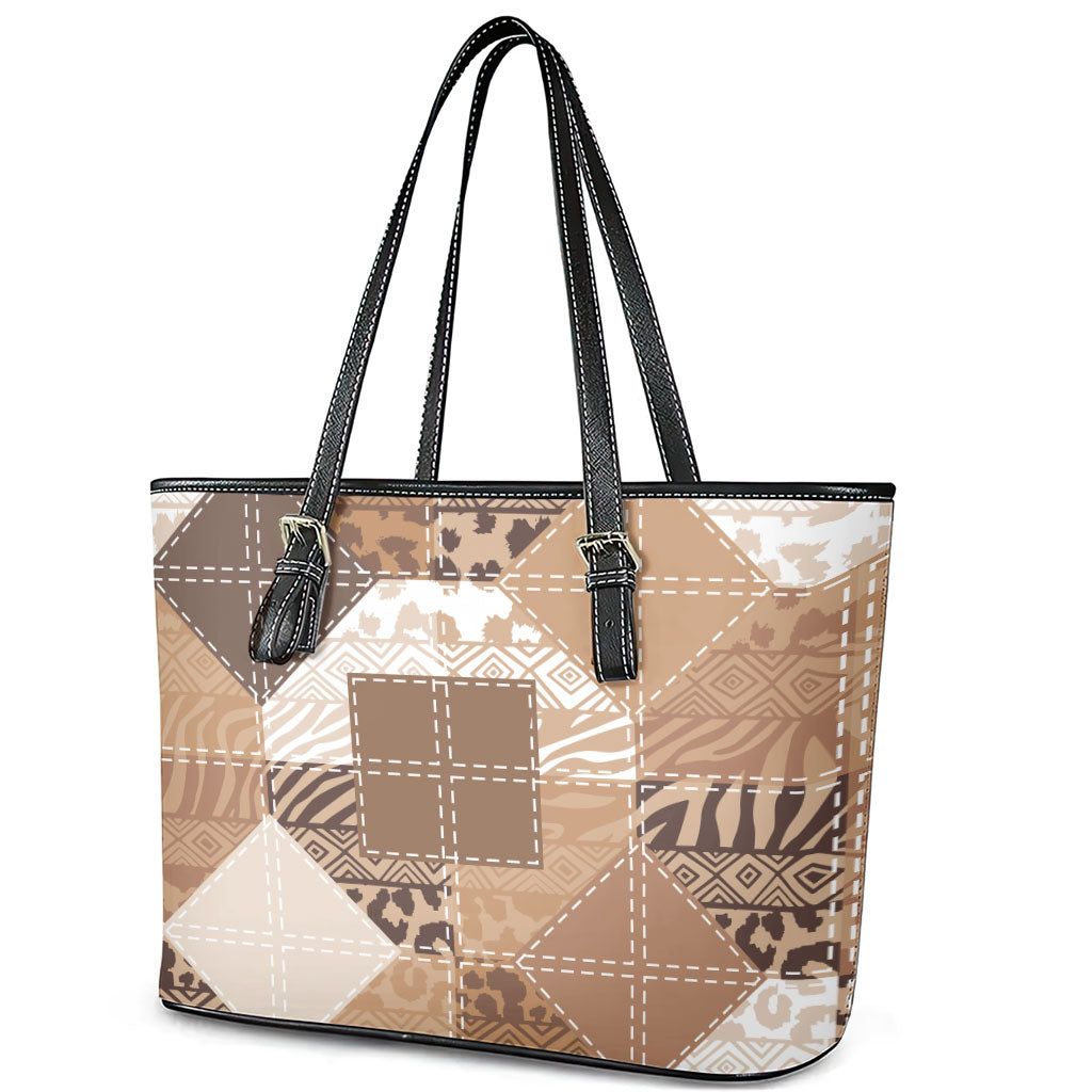 African American Quilt Inspired Leather Tote Bag Wild Animal Skin African Beige Tribal Elements