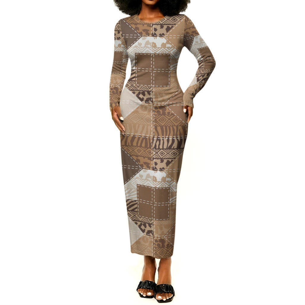 African American Quilt Inspired Long Sleeve Bodycon Dress Wild Animal Skin African Beige Tribal Elements