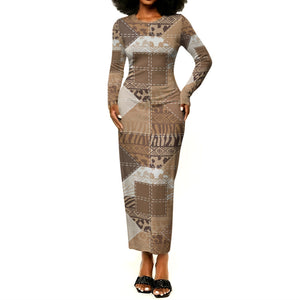 African American Quilt Inspired Long Sleeve Bodycon Dress Wild Animal Skin African Beige Tribal Elements