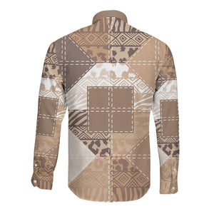 African American Quilt Inspired Long Sleeve Button Shirt Wild Animal Skin African Beige Tribal Elements