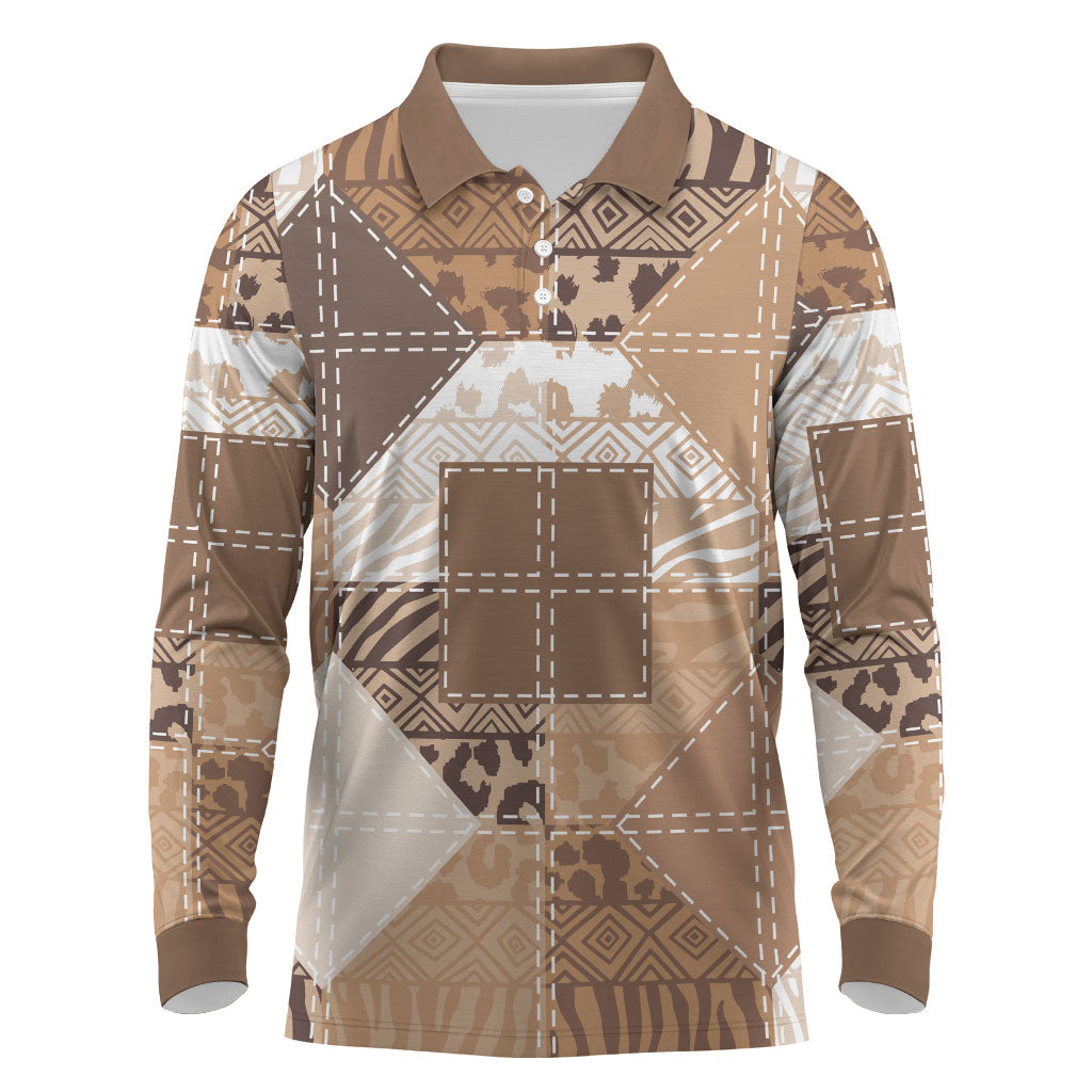 African American Quilt Inspired Long Sleeve Polo Shirt Wild Animal Skin African Beige Tribal Elements