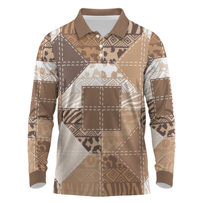 African American Quilt Inspired Long Sleeve Polo Shirt Wild Animal Skin African Beige Tribal Elements